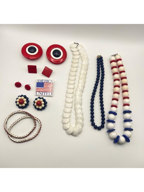 Jewelry - Vintage Patriotic Red White & Blue Jewelry Lot Necklaces Earrings Bracelets Pin
